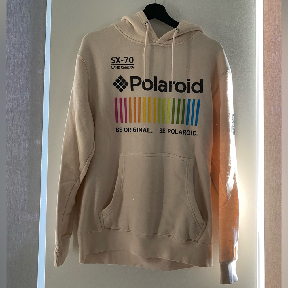 Fleece-lined Polaroid hoodie, cream, unisex size M